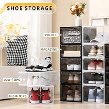 Shoe Box, Magnetic Adsorption Door, Transparent Panel, Six-Sided Hard Shell, Suitable For Children's Shoes, Low-Top Shoes, 33.5x25x14cm, Stackable Transparent Shoe Box, Display Storage Box, Plastic Transparent Drawer-Style Shoe Box, Shoe Cabinet, Standalone Placement, Suitable For Office And Home Display And Storage, Shoe Box, Transparent, Black - View 11