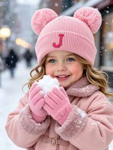 3pcs/Set Girls Winter Hat & Gloves Set, Suitable For 3-8 Years Old, A-Z Letter Knitted Knitted Hat With Pom Pom Ears, Elastic Warm Matching Gloves, Suitable For Cold Weather - Pink - View 3