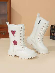 1 Pair Girls' Casual Fashion Heart Decor Comfortable Warm Round Toe Side Zipper Design Mid-Calf Boots Suitable For Autumn/Winter - White - View 2