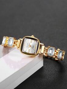 Women's Exquisite Square Digital Dial Bracelet Watch, Fashion Cut Rhinestone Inlaid Quartz Watch, Gift For Girlfriend (1pc/Set) Watch Box Not Included - White - View 7
