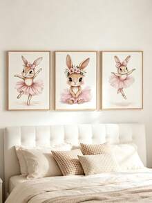 3pcs Canvas Wall Art Set, Frameless Waterproof Poster, Rabbit Ballet Dress Floral Print, Home Decor, Suitable For Kids Room Boys Girls Bedroom, Perfect Gift - Multicolor - View 3