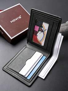 Fashionable Men's Short Wallet, Letter Print Design, Ultra-Thin Multi-Compartment Portable Men's Wallet, Men's Front Pocket Wallet, Coin Purse, Minimalist Card Holder, Student Wallet, Young Men's Wallet, Men's Gift - Black - View 2