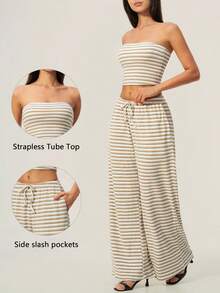 TimeOff Women's One Set Striped Strapless Bandeau Tank Top With Drawstring Waist And Side Pockets Wide Leg Pants 2 Pieces Set - Khaki - View 1