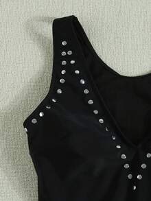 Baju Renang Terusan Wanita Model Musim Panas dengan Leher V Dalam dan Hiasan Berlian Imitasi, Modis, Elegan, dan Kasual, Sempurna untuk Pesta Liburan Pantai dan Kostum Halloween - Hitam - View 5