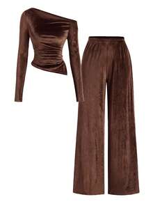 Lurzo 2 Pieces Set Of Korean Suede Irregular Girls' Clothing, Slim Fit Sloping Shoulder Long Sleeved Top+Loose And Comfortable Wide Leg Pants,Outdoor/School - Brown - View 3