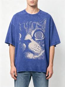 Spiral Eye Cat Portrait Hatching Sketch Print 1pc 230g Cotton Oversized Graphic Tees Men Summer Beach Daily - 藍色 - 查看 4
