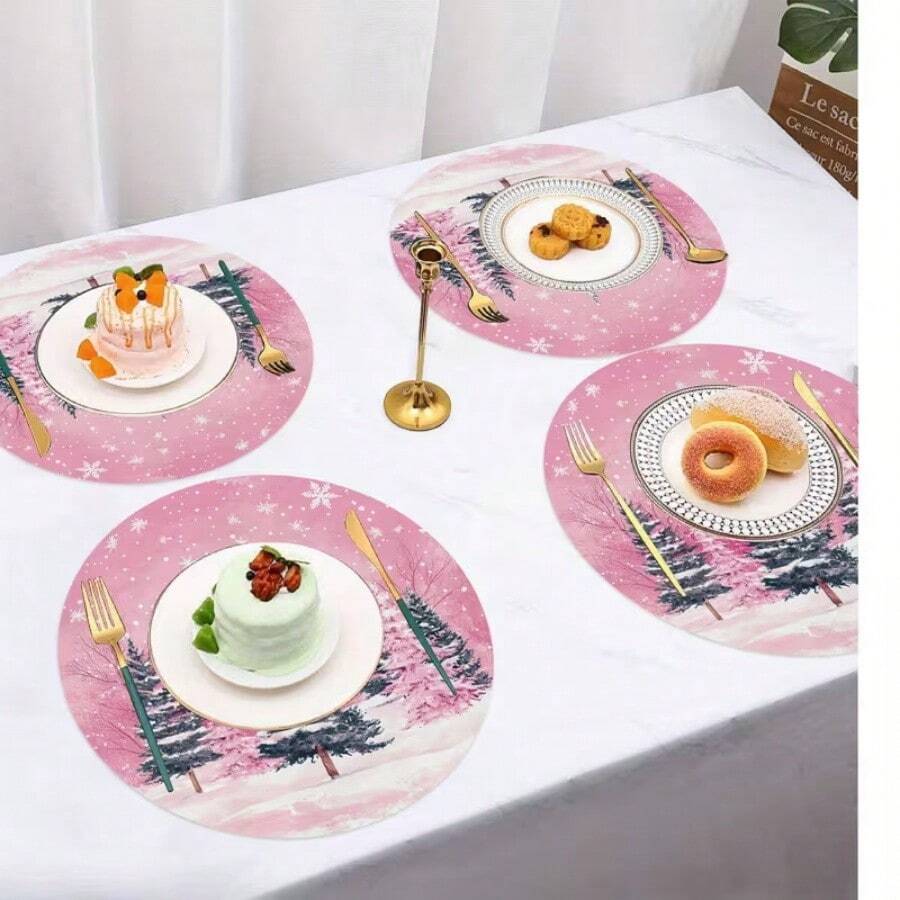 1/2/4//6/8 Christmas Themed Christmas Tree And Snowflake Snowman Garland Placemats, 15 Inch Single-Sided Circular Party Placemats, Suitable For Party Kitchen And Dining Decoration, Banquet Decoration, Very Suitable For Christmas Home Decoration