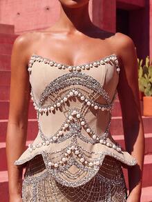 Women Elegant Strapless Mermaid Evening Gowns Sexy Backless Single Bead Sequin Spliced Zipper Prom Cocktail Wedding Guest Maxi Dresses Party Fall - Champagne - View 2
