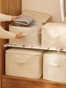 Foldable Bone-Framed Storage Bag Linen-Texture Zipper Clothes Organizer With Dual Handles Dust-Proof Fabric Storage Bin For Quilt Clothing Closet Organization Bedroom Under Bed Container - Beige - View 1