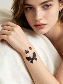 4pcs Ins Style Butterfly & Floral Henna Tattoo Stencils, Minimalist Flower & Butterfly Design, Reusable Hollow Stencil Stickers, Suitable For Daily Wear, Vacation, Music Festival, Party - Black - View 3