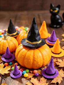 12/24Pcs Mini Halloween Witch Hats, Black Wizard Hats With Gold Trim, Small Decorative Accessories For Tabletop Decor, Pet Costumes, DIY Crafts And Party Decorations - Multiple Styles - View 4