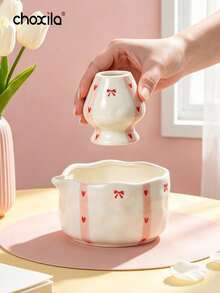 choxila 1 Set/2pcs Korean Ins Style Cute Ceramic Matcha Bowl And Tea Whisk Holder Set, Handmade Shaped With Hand-Painted Asymmetrical Design, Handmade Tilted Bowl - Pink Matcha Bowl Two-piece Set - View 11