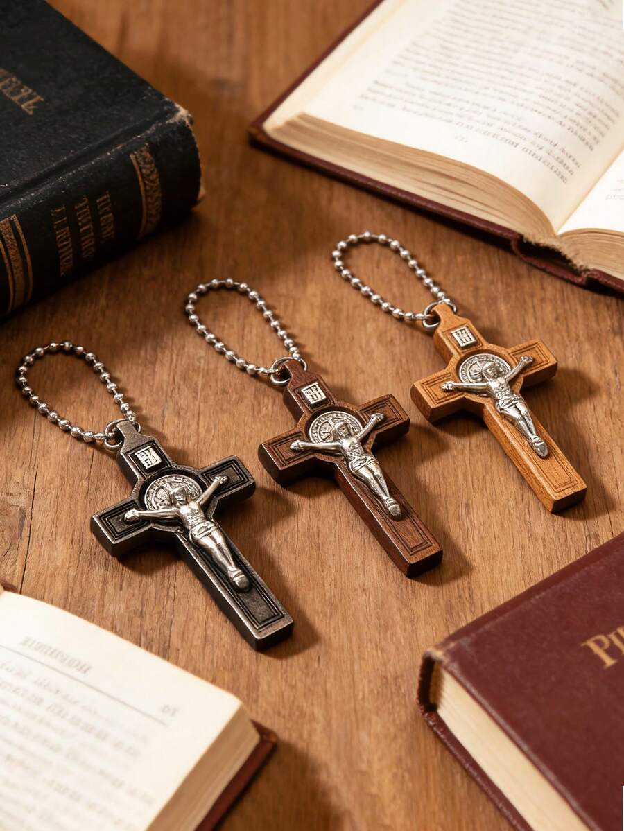Vintage Wooden Cross Keychains,Religious Keychain Pendants,Easter Bag Charms,Auto Parts,Key Rings,Gift Box Decorations,Christian Gifts - Multicolor - View 1