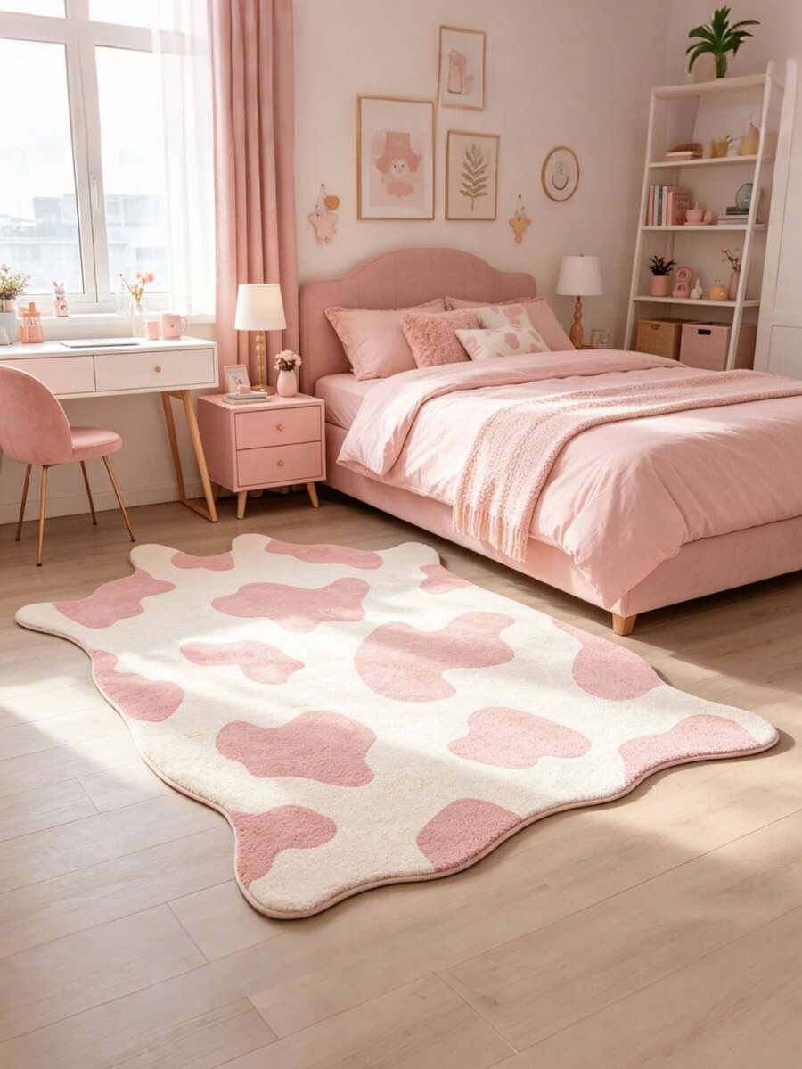 1pc 2026 New - Cream White & Pink Cow Print Asymmetrical Shaped Rug, Artistic Line Design Decorative Mat, Personalized Fashion Bedroom Bedside Rug - Soft, Super Absorbent, Suitable For Bedroom, Living Room Or Bathroom, Machine Washable, Bathroom Rug, Decorative Rug, Bedroom Decor, Small Rug, Rug, Home Decor, Living Room Rug, Living Room Small Rug, Bedroom Rug, Living Room Home Decor - Multicolor - View 1