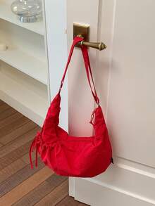 Nueva bolsa de hombro cruzada con capacidad grande, decorada con lazo nube y cordón fruncido para mujeres - Rojo - Ver 3