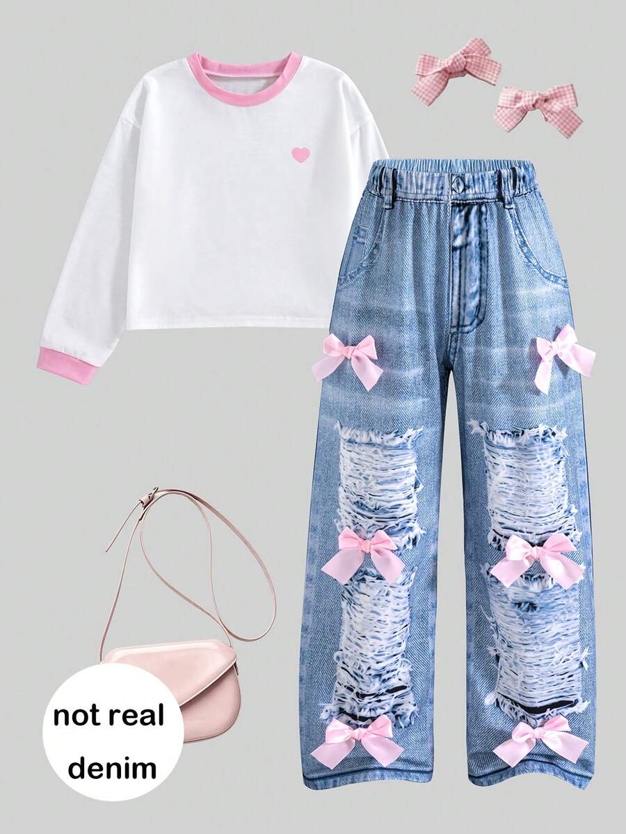 Girls' Casual Fashion Contrast Color Round Neck Heart Print Long Sleeve Top And 3D Bow Decor Distressed Raw Hem Straight Leg Pants 2 Pieces Set, Spring/Autumn - White - View 1