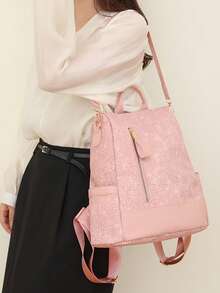 Mochila de viaje diario de moda con gran capacidad y diseño antirrobo en bloques de color - Rosa - Ver 6