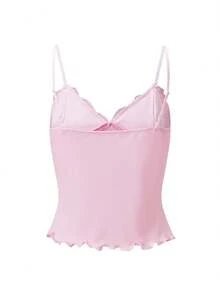 Women Y2K Sheer Lace Mesh Camisole Slim Fit V Neck Open Back Cami Tops Summer Spaghetti Strap Tank Tops Cute Lace Trim Crop Tops Party Club Outfit - 粉色 - 查看 5