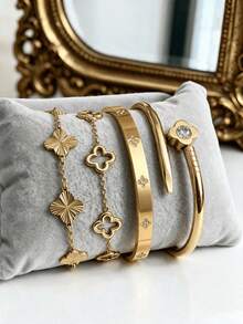 1pc/4pcs Vintage Clover Layered Bracelet, 18K Gold Plated Stainless Steel Bangle, Exquisite Luxury Jewelry Set, Suitable For Daily Wear, Wedding And Party - Gold - View 8