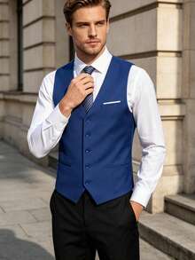 Men's Solid Color Slim Fit Single Piece Suit Vest, Formal Vest Suitable For Wedding Groom, Ball, Evening Party, Business And Daily Wear - Blue - View 4
