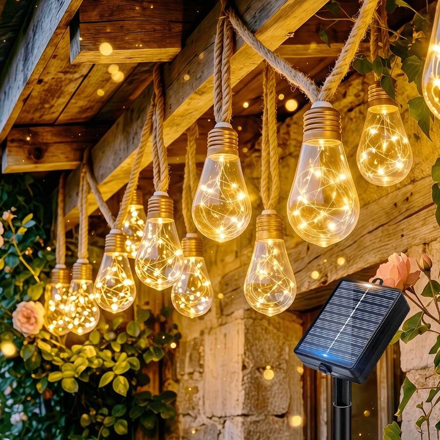 24/16/8 LED Solar Powered Outdoor Fairy String Lights, Hemp Rope Papaya String Lights, 8 Lighting Modes, Suitable For Garden, Yard, Patio, Trees, Camping, Christmas, Halloween, Wedding, Party, Holiday Decoration