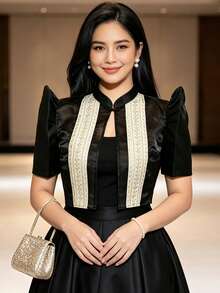 Terno 現代菲律賓風女款優雅花瓣袖短夾克 - 黑色 - 查看 1