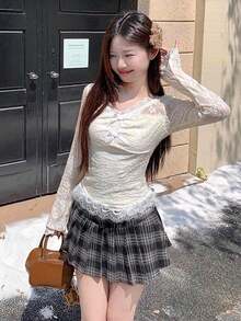 Sexy Style Lace Hollow Patchwork Bow T-Shirt Women Autumn/Winter Inner Layer Base Top Sexy Girl - Apricot - View 5