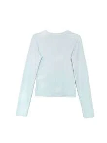 Korean Style Sweet & Spicy Niche Henley Collar Long Sleeve T-Shirt, Slim Fit Flattering Base Layer, Button Front Shoulder Top, Early Autumn - Blue - View 2