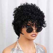 AMECIRE Curly Wig Women's Short-Hair Wig Pixie Cut Wig Human Hair Wig Fashionable Styling Wig With Bangs Human Affordable Wear & Go Wig Suitable For Everyday Wear - Natural Black - View 8