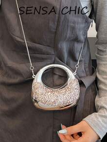 亮片拼接金屬手柄裝飾便攜收納手提包，附壓扣開合，奢華派對風女款斜背鏈條包 - 銀色 - 查看 6