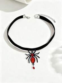 1pc Black Velvet Red Rhinestone Spider Choker Gothic Spider Pendant Necklace With Sparkling Rhinestones, Dark Style Halloween Costume For Women - Spider-large - View 2