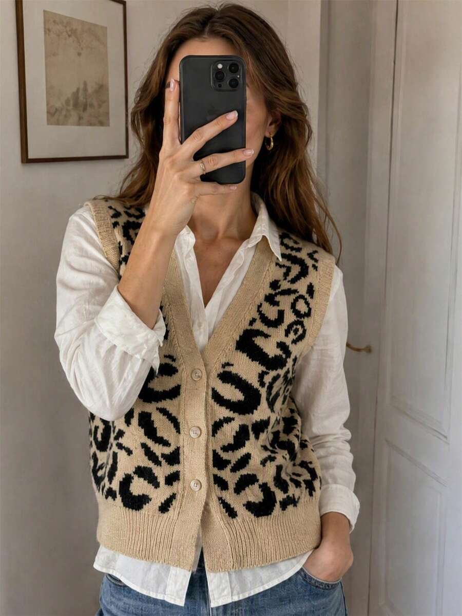 Wixra Women's V-Neck Leopard Print Knit Vest, Front Button Sleeveless Cardigan - Khaki - View 1