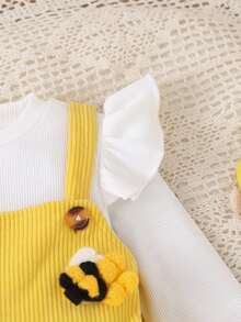 Early Autumn Girls 2 Pieces Set Ribbed Flutter Sleeve Long Sleeve Undershirt + Corduroy Overall Dress With 3D Flower & Bee Design Baby Outfit - Yellow - View 5