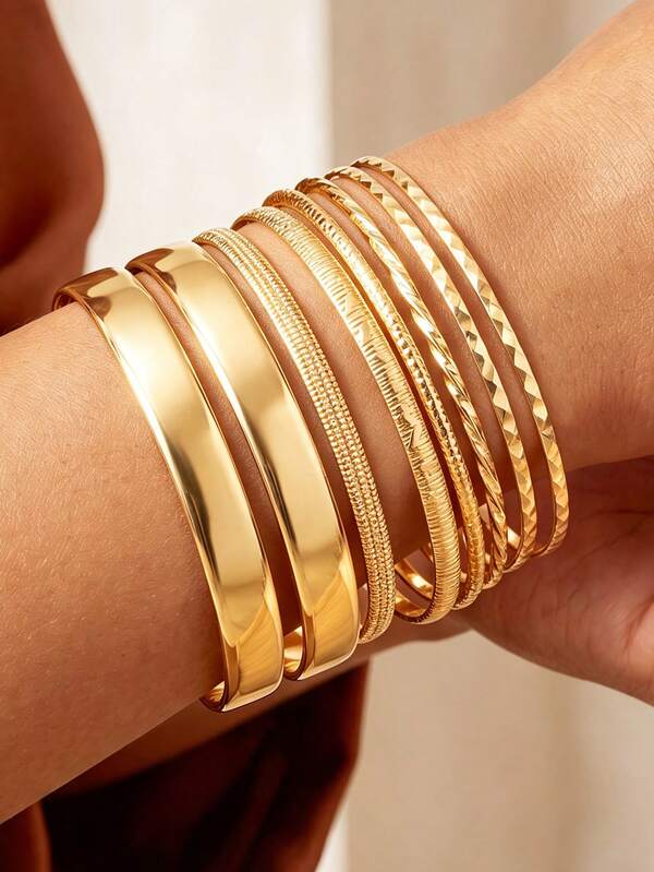 8pcs Simple Fashion Exaggerated Metal Geometric Bracelet Set, Women's Sister Vacation Date Gift, Daily Casual Party Matching