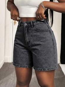 Women's Solid Color Pocket Button Casual Versatile Daily Wear Denim Shorts Summer - Grey - View 2