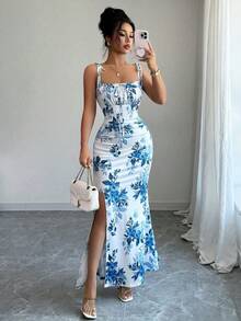 Women's Floral Mermaid Maxi Dress With Thin Straps And Bow, Square Neck, Ruched, Bodycon, For Wedding Guests, Beach Vacations And Date Nights. - 淺色水洗藍 - 查看 11