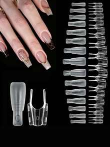 120pcs Ujung Ekstensi Kuku Bentuk Roket Trapesium Pendek Semi-Matte Semi-Transparan, Trapesium Pendek, Desain Pegangan Tambahan, Salon Kuku DIY Rumahan, Tanpa Penjepit, Tanpa Penumpukan Gel, Alat Ekstensi Kuku Wanita - Clear - View 3