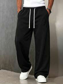 Men's Black Wide Leg Sweatpants New Casual Straight Leg Long Pants, Contrast Beige Drawstring Waist Design, Loose Drape Fit Flattering For All Body Types, Slimming And Leg-Lengthening, Side Pockets Practical For Storing Small Items. Soft Skin-Friendly Knit Fabric, Comfortable And Pill-Resistant, Suitable For Daily Commute, Streetwear, Home And Travel, Versatile All-Match Style, Pairs Well With T-Shirts, Sweatshirts And Sneakers, Simple Solid Color Durable And Timeless, Essential Casual Long Pants For Men. - Black - View 10