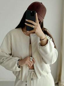 GMFP 女款夏秋休閒優雅時尚寬鬆版型奶油色/米白色韓系圓領拉鍊短款羊毛外套，適合日、度假、開學季、靜奢風 - 米色 - 查看 5
