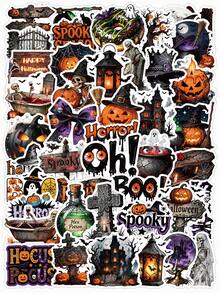 51 Pcs Vintage Spooky Halloween Stickers, Dark Gothic Skeleton Pumpkin Ghost Witch Vinyl Waterproof Decals, Horror Aesthetic Stickers For Water Bottle, Laptop, Phone Case, Luggage, Journal, Halloween Party DIY Decor - Multicolor - View 1