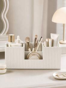 Cream-Style Vertical Striped Desktop Storage Box, Office Divided Pen Holder, Small Item Memo Remote Control Organizer - View 7