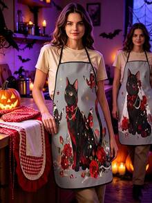 4pcs Gothic Halloween Kitchen Apron, Black Cat Red Rose Pearl Chain Print Adjustable Anti‑Oil Cooking Bib Apron, Vintage Dark Romantic Home Baking Party Decor Holiday Gift - Multicolor - View 9