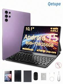 Qetupa 10.1-Inch Android 15 Tablet With Case, Screen Protector, Keyboard, And Mouse, 8GB RAM + 128GB/256GB Storage (Supports 1TB Expansion), 5MP Front Camera And 13MP Rear Camera, 6000mAh Battery (Charging Adapter Not Included) - Purple - View 2