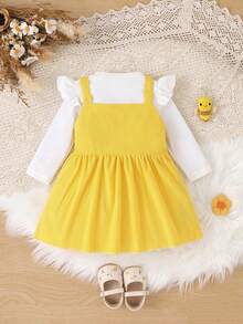 Early Autumn Girls 2 Pieces Set Ribbed Flutter Sleeve Long Sleeve Undershirt + Corduroy Overall Dress With 3D Flower & Bee Design Baby Outfit - Yellow - View 3