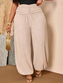 BIUBIU Plus Size Knitted Fabric Jogger Pants, Long Length With Medium Stretch, Ruched High Waist, Casual And Comfortable For Fall, New Fall Styles - Apricot - View 2