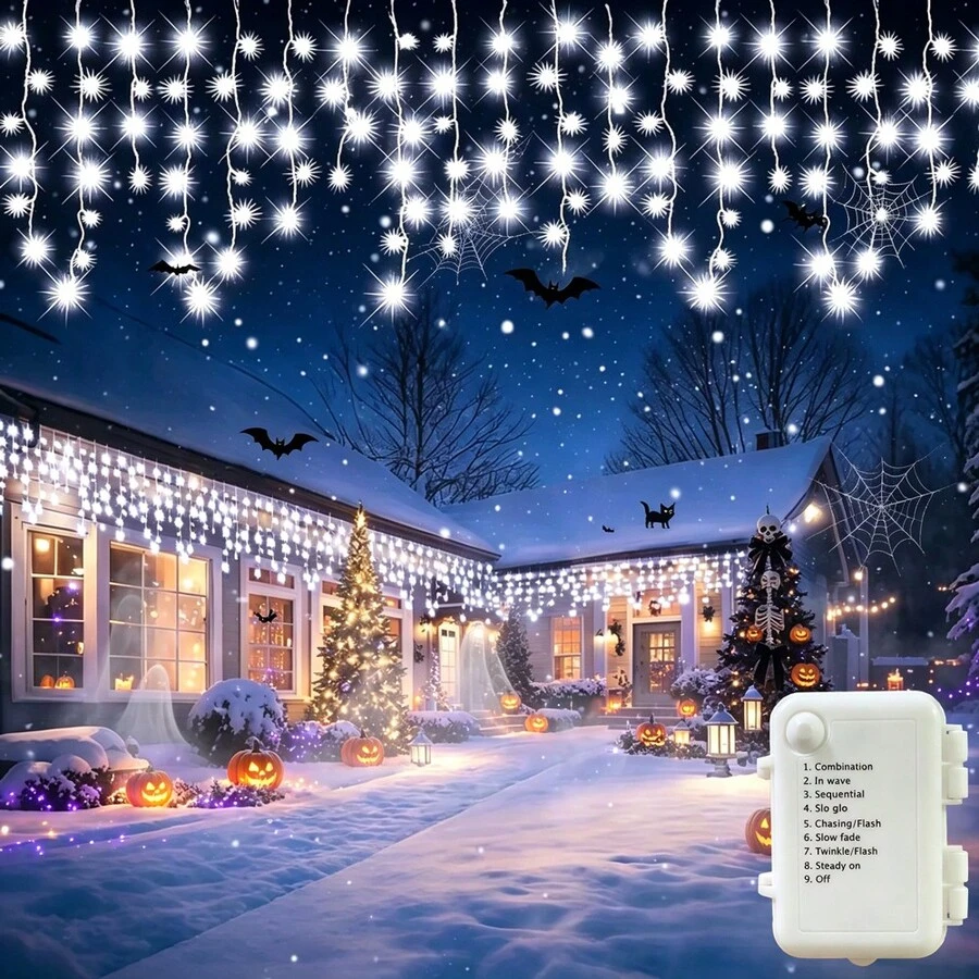Halloween Eaves Decoration 8-Function Battery Box Christmas Tree 45/80/96/150 LED Icicle String Lights Curtain Lights Birthday Wedding New Year Party Holiday Lighting Indoor String Lights Outdoor Decoration