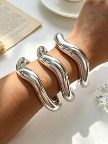 3/2/1 pièce Ensemble de bracelets géométriques torsadés en CCB argenté, élégant et décontracté, convient pour le port quotidien des femmes, les vacances, les fêtes, les cadeaux - Argent - Voir 4