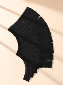 12 piezas de tangas negras con lazo, encaje y patchwork, sexys, de algodón acanalado, suaves y cómodas para mujer - Negro - Ver 3