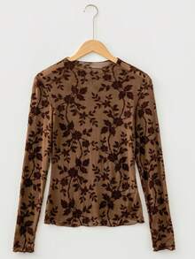 Acelitt Brown Floral Embossed Waffle Knit Slim Fit Long Sleeve Top, Wavy Hem Casual Round Neck T-Shirt - Brown - View 3
