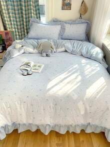 Blue Small Floral Ruffle Trim 4-Piece Bedding Set, French Country Style Bedding Set, Breathable Soft All-Season Bedding Set, Includes 1 Duvet Cover, 1 Bed Sheet, 2 Pillowcases, No Filling, Suitable For Bedroom, Dorm, Home Use, Multiple Size Options, Back To School Dorm Decor, College Decor - Blue - View 4
